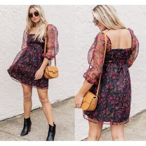 Pink Lily Womens Living On‎ Love Black Pink Floral Tulle Mini Dress Size XL